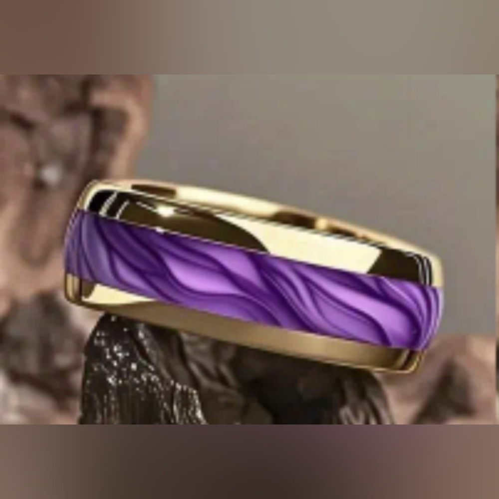 Purple Marble Titanium Ring | Gold Tone Band | Resin Inlay Ring, T2B4I